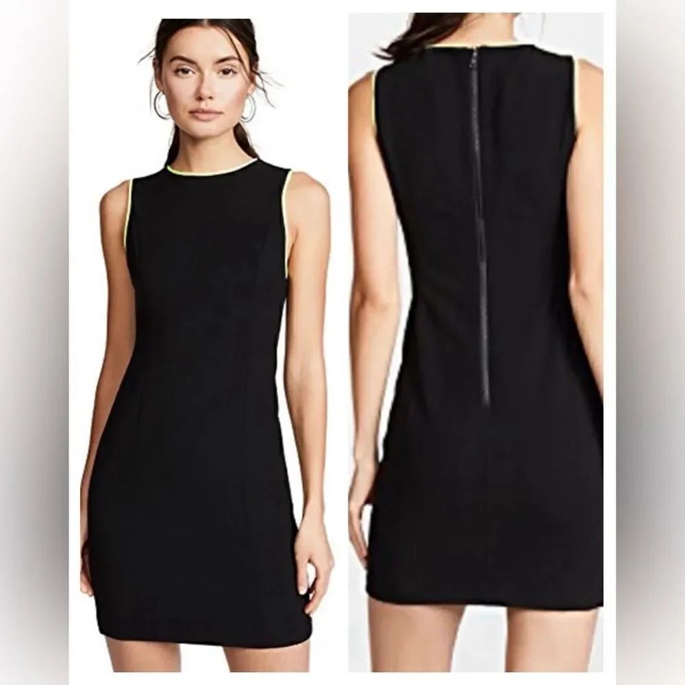 Alice + Olivia Colin Black Crewneck Sleeveless Dress w/Neon Yellow Trim $350